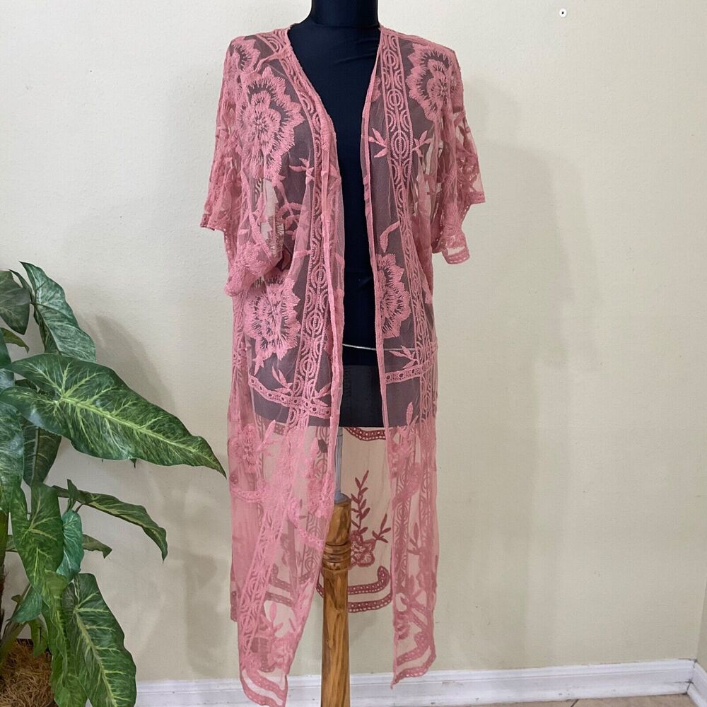LC Lauren Conrad lace duster cardigan Womens OS Boho long line Rose color.